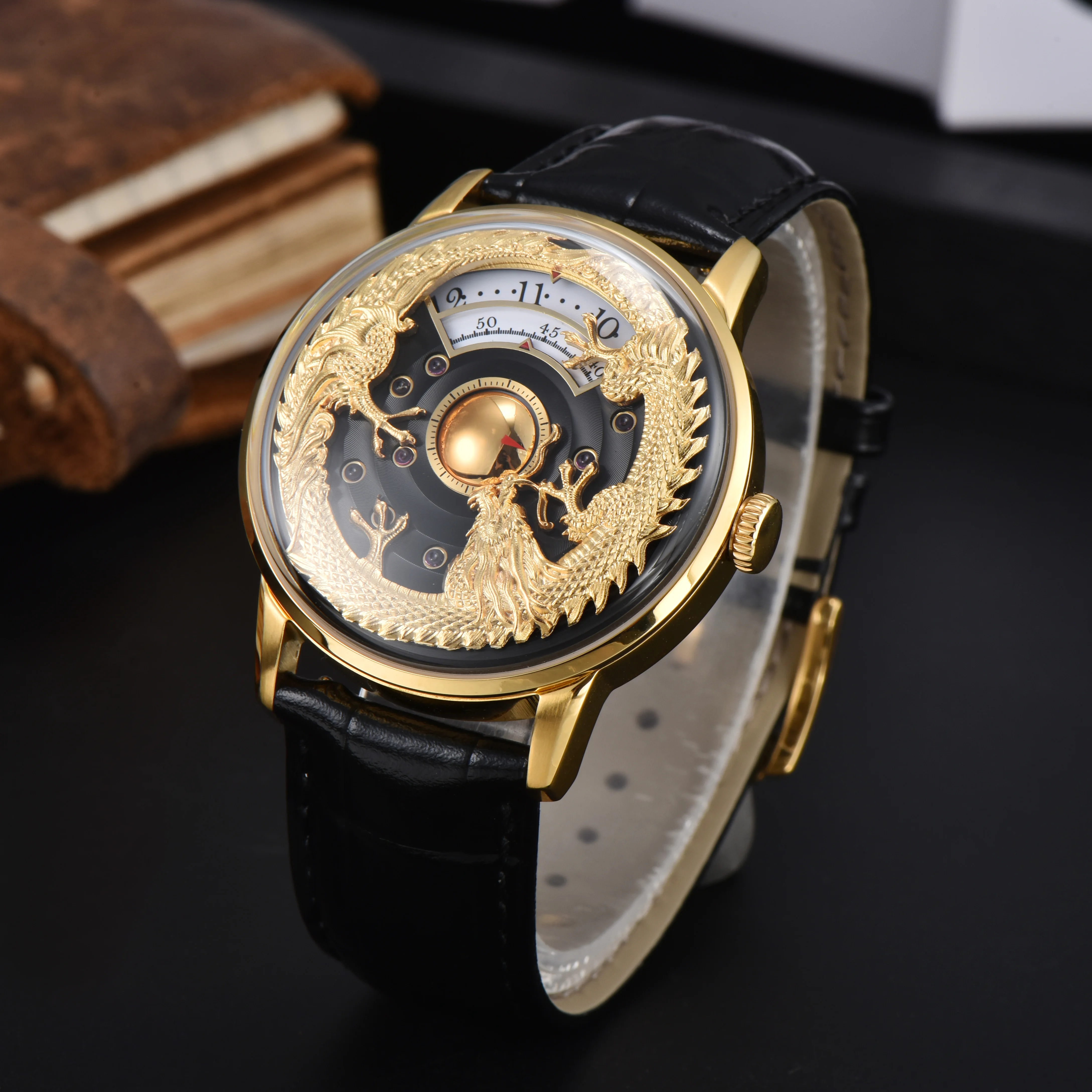 Double Date Watch 42mm Luxury Men's Watch Automatic Mechanical Movement Watch Gold Dragon OUMASHI Business Watch