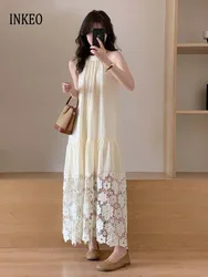 Beach Lace patchwork Long dress Women 2024 Summer Halter Sleeveless Maxi dresses Beige Hollow out Fold dress Fashion INKEO 4D034