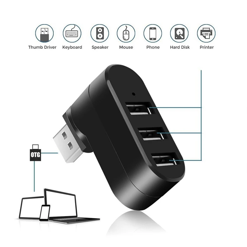 Divisor de Hub USB Rotatable para Laptop, PC, Tablet, Impressora, Câmera, 3 Port Expander, 90 °-180 °
