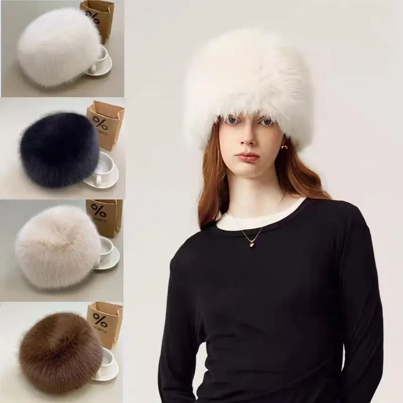 

Winter Plush Hat Fluffy Faux Fur Bucket Hats Imitation Fur Windproof Cap Women Warm Outdoor Skiing Flat Top Fisherman Caps