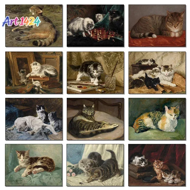 1pc frameless Canvas Painting Vintage Cat Portrait Print Poster Lovely Kittens Canvas Painting Farmhouse Wall Art Picture Hom
