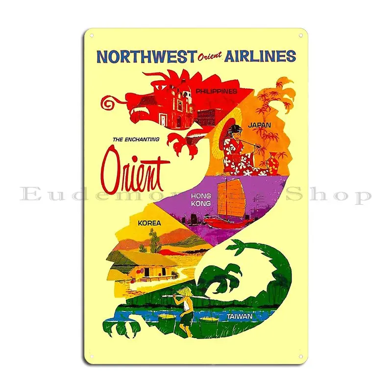 Northwest Orient Airlines Vintage Tourism Advertising Print Metal Plaque Poster Designing Poster Home Cave Tin Sign Poster