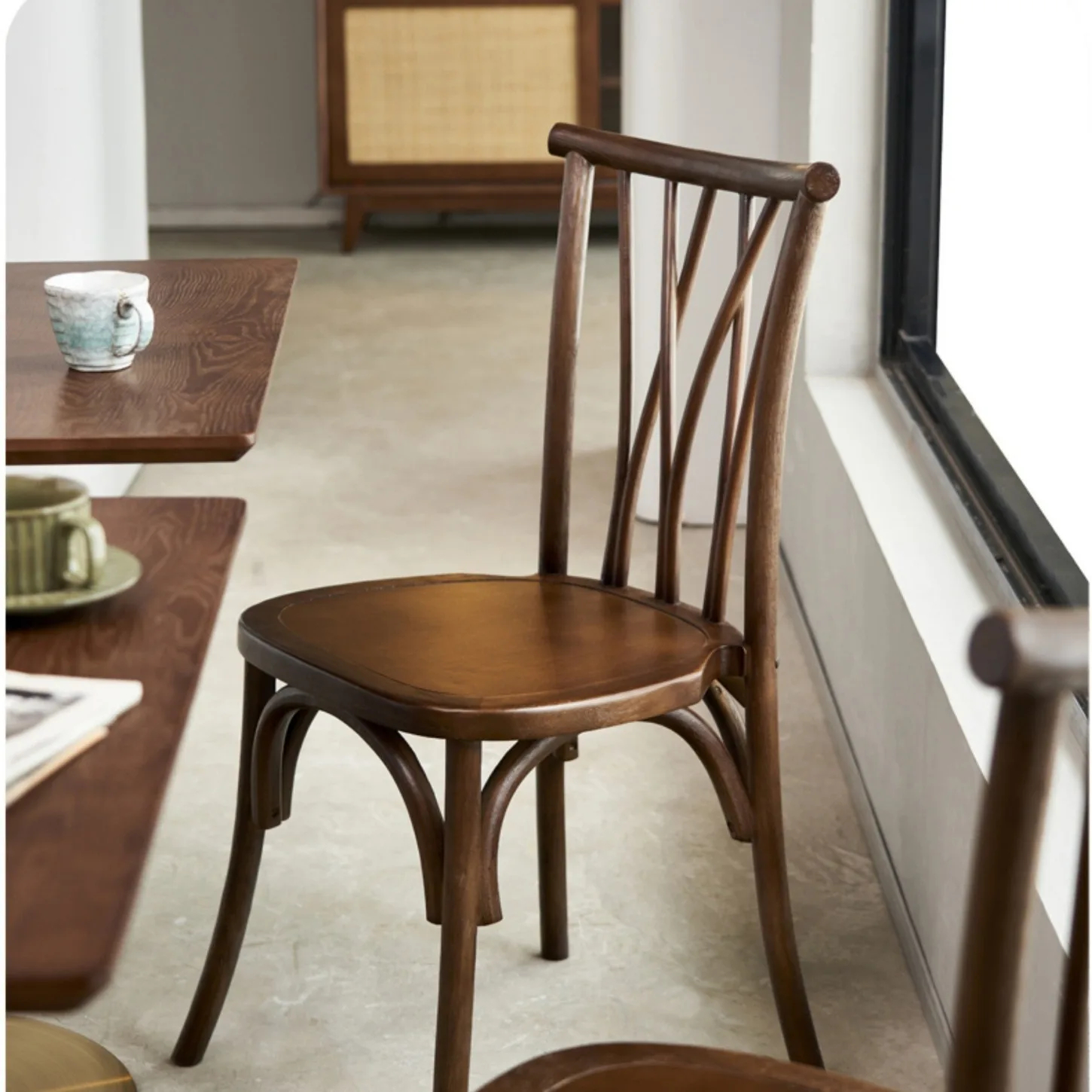

Nordic Simple Solid Wood Dining Table and Chairs Wabi-**** Style Medieval Home Backrest Rattan Chair