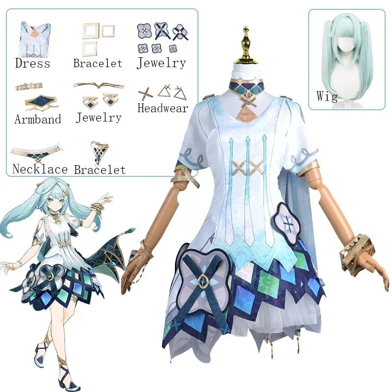 Jeu Genshin Impact Costume Perruque, Bleu avec Double Queue, Degré de Chaleur, Cheveux Synthétiques, Robe Trempée, Ensemble Complet, Farginger an Cosplay