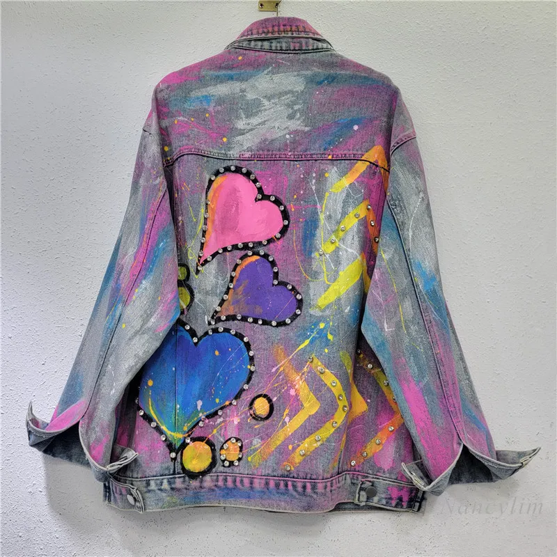 

2024 Autumn Personality Diamond-Embedded Hand-Painted Heavy Industry Denim Coat Women's Loose Jean Coat Y2k Jackets