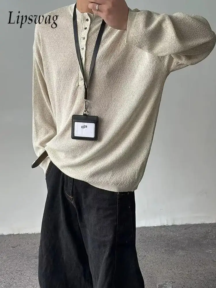 

Henley Neck Sweaters Mens 2026 Spring Fall Casual Solid Color Hollow Out Knit Jumper Tops Men Stylish Button-up Knitted T Shirt