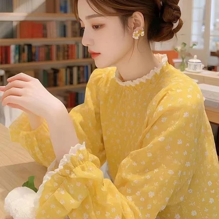 Imprimé floral jaune irt Femme Printemps Faion Earlet Top Beautiful New Sle 2025 Ele Small irt Casual Trajet...