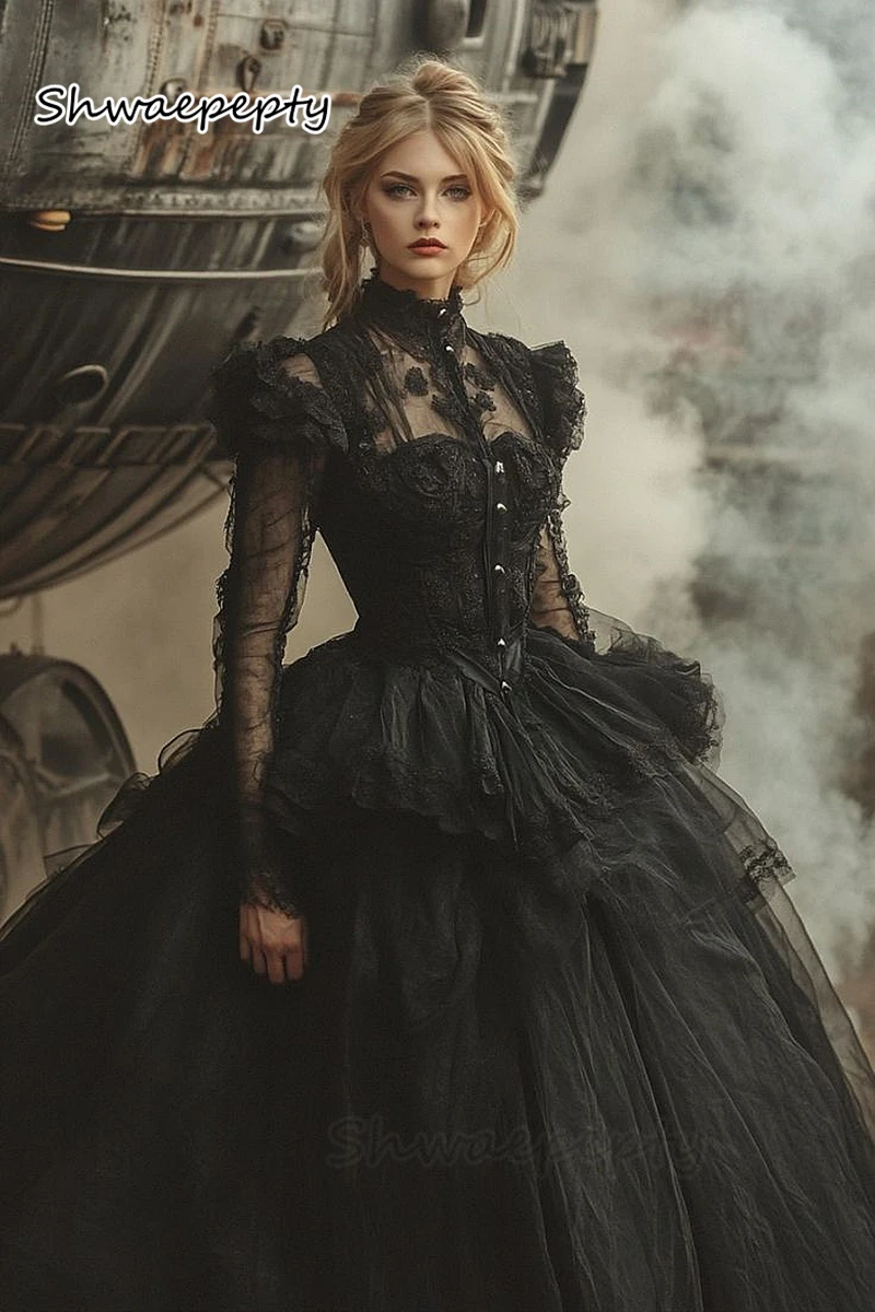 Vintage czarne suknie ślubne z długimi rękawami na szyję gotycka suknia ślubna koronkowe aplikacje wielowarstwowe Vestido De Novia dostosowane