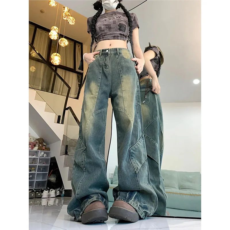 

Women's Pants Retro Rregular Stitching Washed Jeans Women's High Street Design Loose Slim Straight Casual Button Zipper Pants