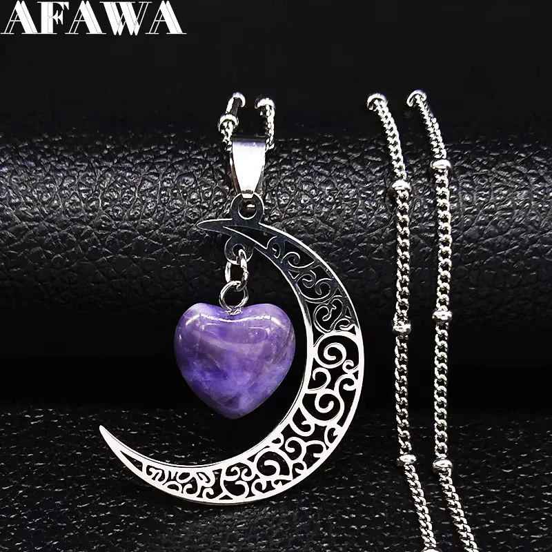 Witchcraft Witch Crescent Moon Stainless Steel Purple Crystal Chain Necklace Women Silver Color Necklace Jewelry collares N6327