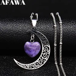 Witchcraft Witch Crescent Moon Stainless Steel Purple Crystal Chain Necklace Women Silver Color Necklace Jewelry collares N6327