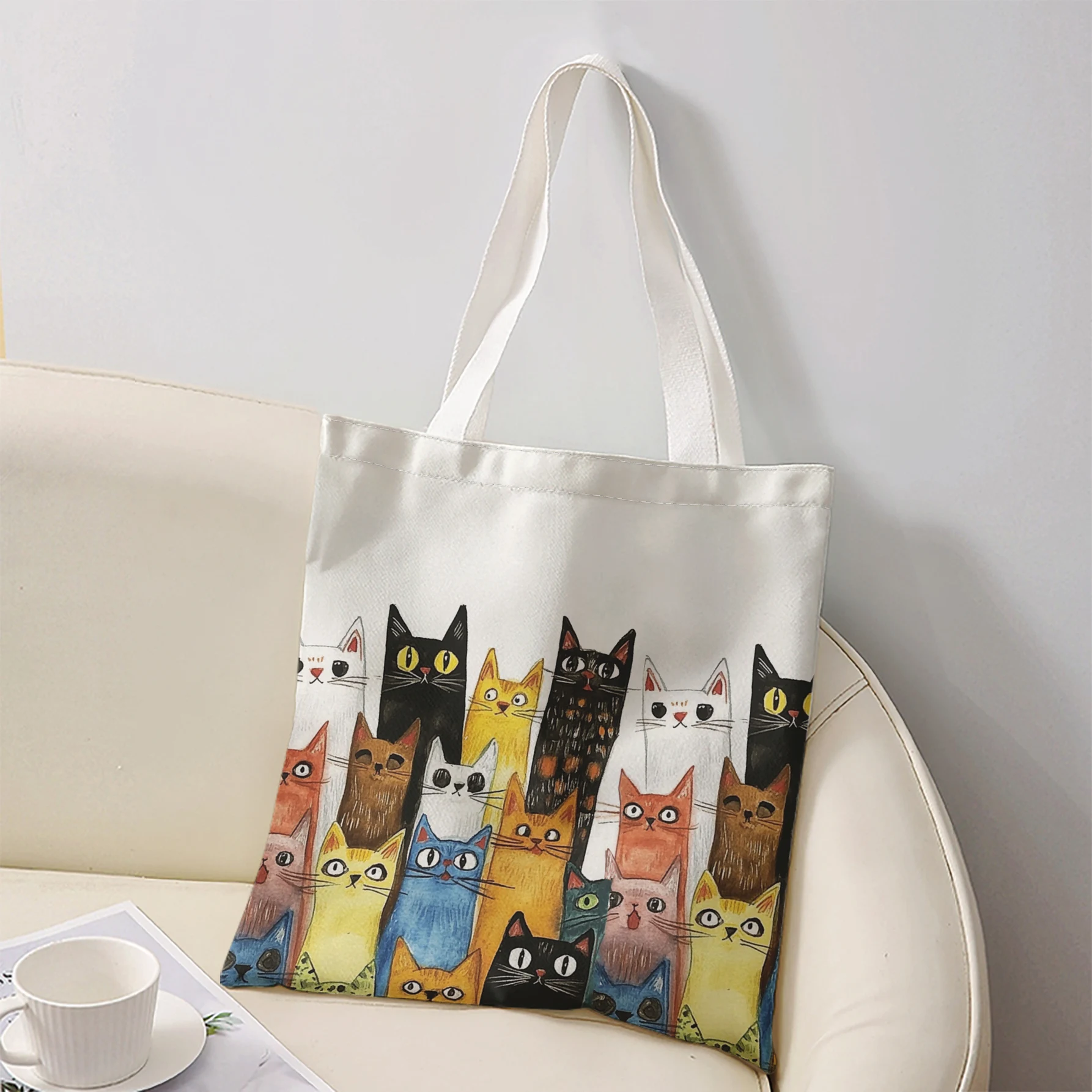 Colorful Cartoon Group Cats Print Tote Bag Large Shoulder Handbag For Shopping Daily Commute