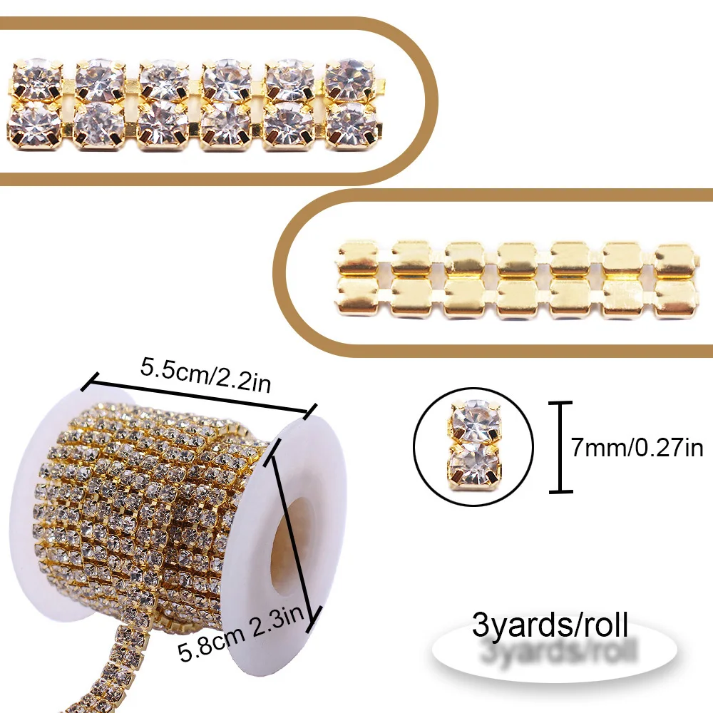 1-3 Yards SS12 Gold Claw Rhinestones-Kette, glänzende Kristallsteine, 2-reihige Ketten zum Aufnähen, Strass-Kette für Kleidung und Bastelarbeiten – Detail 2