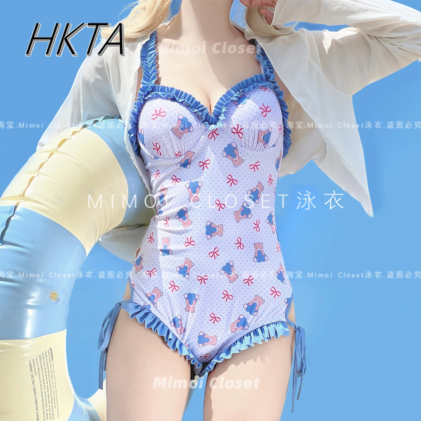 

Sweet Cartoon Floral Lolita Suspender Swimwear Women Summer Kawaii Pleated Print One Piece Halter Blue Swimsuits Bathing Suit