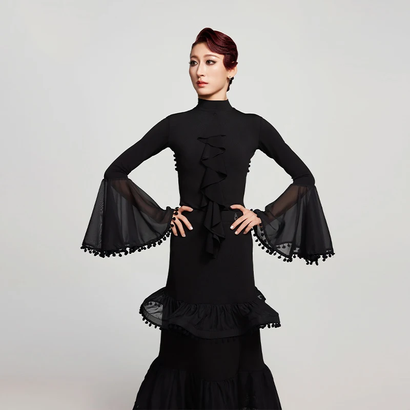 

Ballroom Dance Competition Dress Women High Collar Flared Sleeve Tops Fishbone Skirt Waltz Dance Costume Perform Dress BL16512
