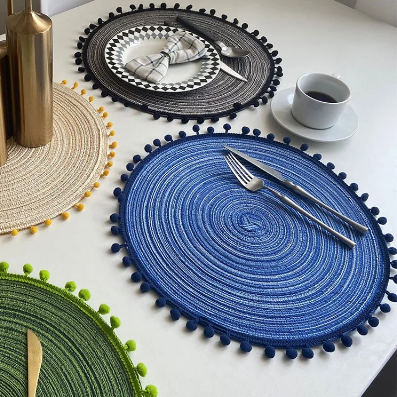 Round Faux Cotton Yarn Placemats Ins Style Semi-Handmade Woven Placemat Insulated Dining Table Cup Household Decorative Vase Mat