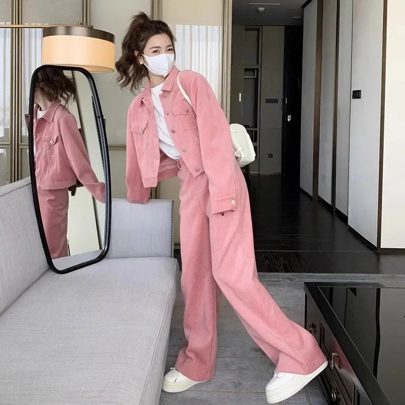 Primavera outono senhoras mangas compridas cintura alta outfit moda feminina conjunto de duas peças doce lazer calças largas perna terno rosa