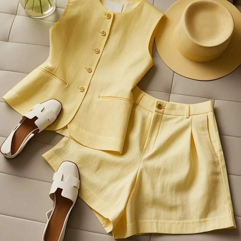 

Women Summer Simplicity Office Lady Solid Color O-neck Tank Top Tops Ladies Fashion Trend All-match Casual Shorts Two-piece Set