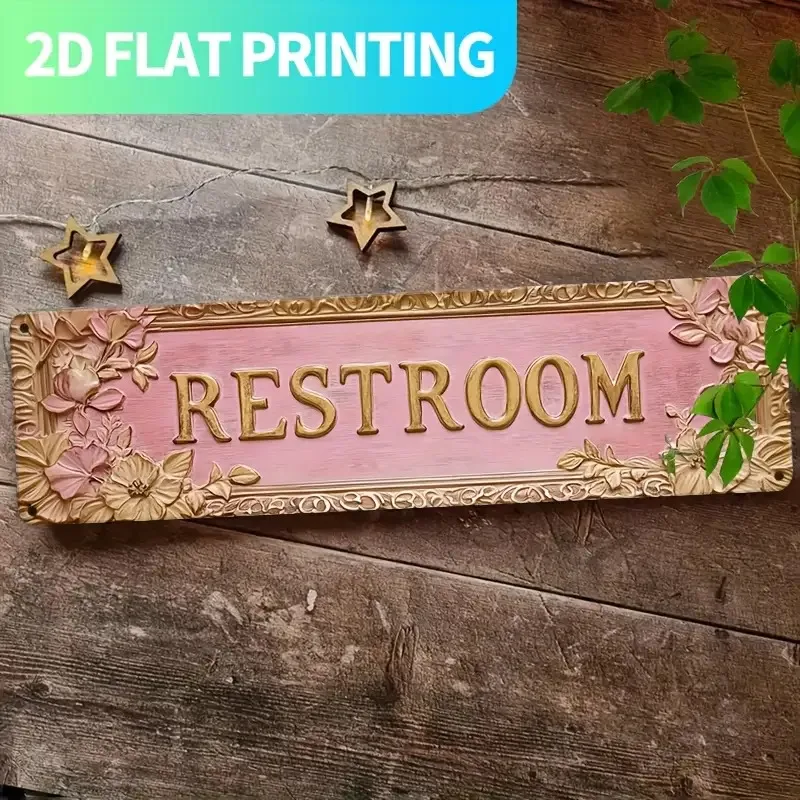 Vintage rosa geprägtes Blechschild mit Blumenmuster und der Aufschrift „RESTROOM“, Retro-Metall-Wanddekoration für Badezimmer, Café, Bar, rustikale Eisenplakette