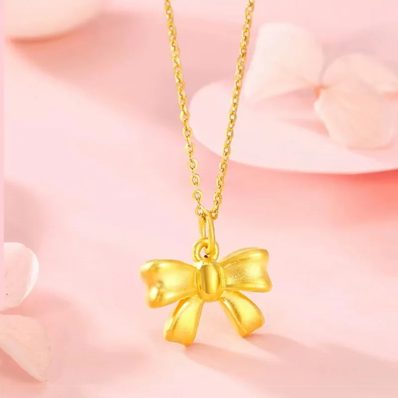 

18k Pure Gold Color Solid Bow Necklace Pendant for Women Lucky Yellow Gold Chain Necklaces Engagement Wedding Fine Jewelry Gift