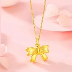 18k Pure Gold Color Solid Bow Necklace Pendant for Women Lucky Yellow Gold Chain Necklaces Engagement Wedding Fine Jewelry Gift