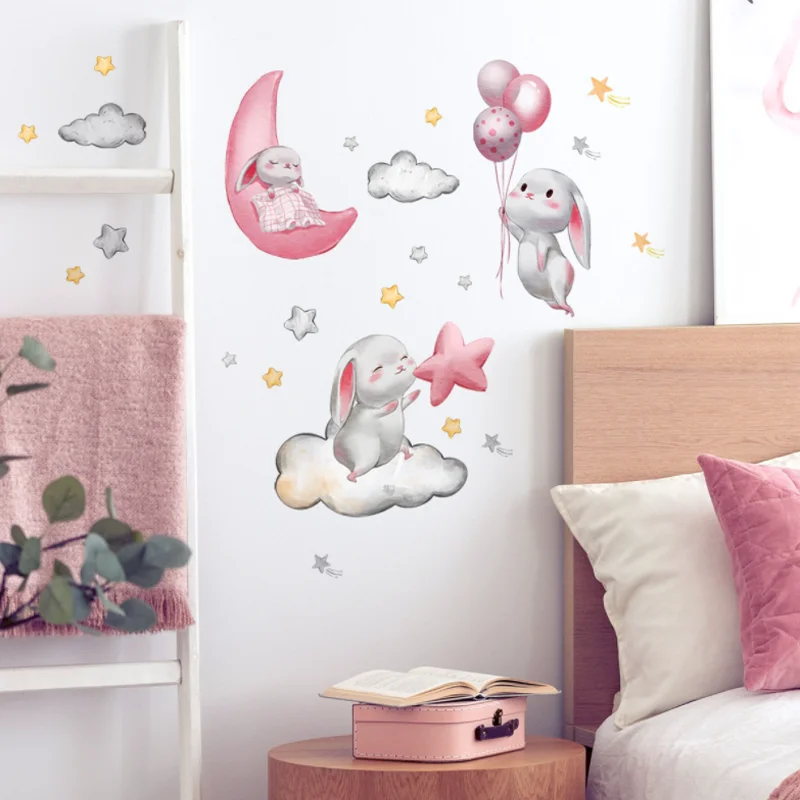 Rabbit Clouds Balloon Stars Wall Sticker Children Bedroom Background Decora Kindergarten Classroom Sticker Antifouling Removable