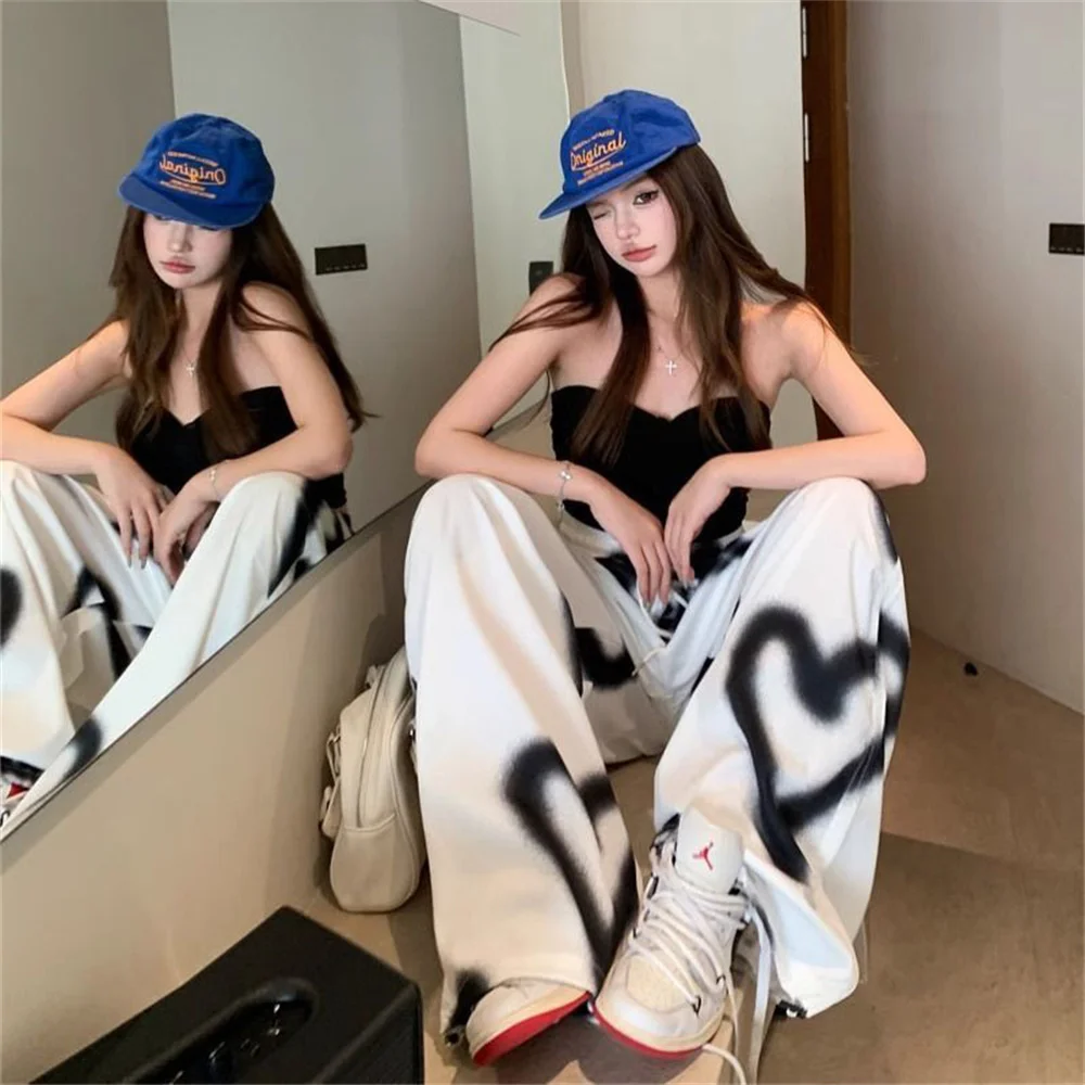 High Waist American Pants Hip Hop Love Graffiti Women Casual Oversized Pants Y2k Autumn Fashion Elastic Versatile Loose Trousers