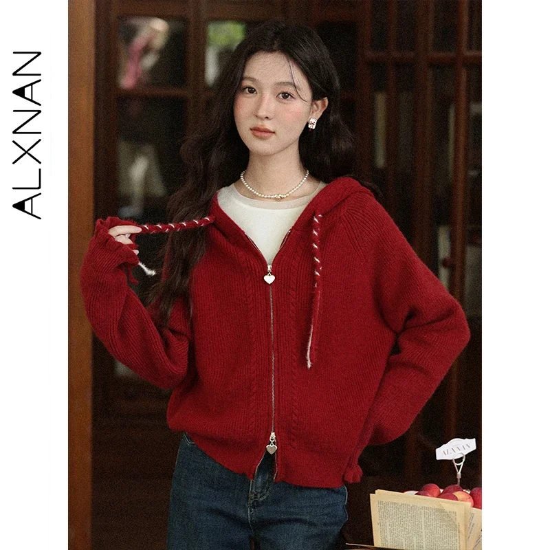 ALXNAN Hooded Knit Cardigan Women Autumn Winter Two-Way Zipper Vintage Sweater Drawstring Loose-fit Versatile Top Female L580101