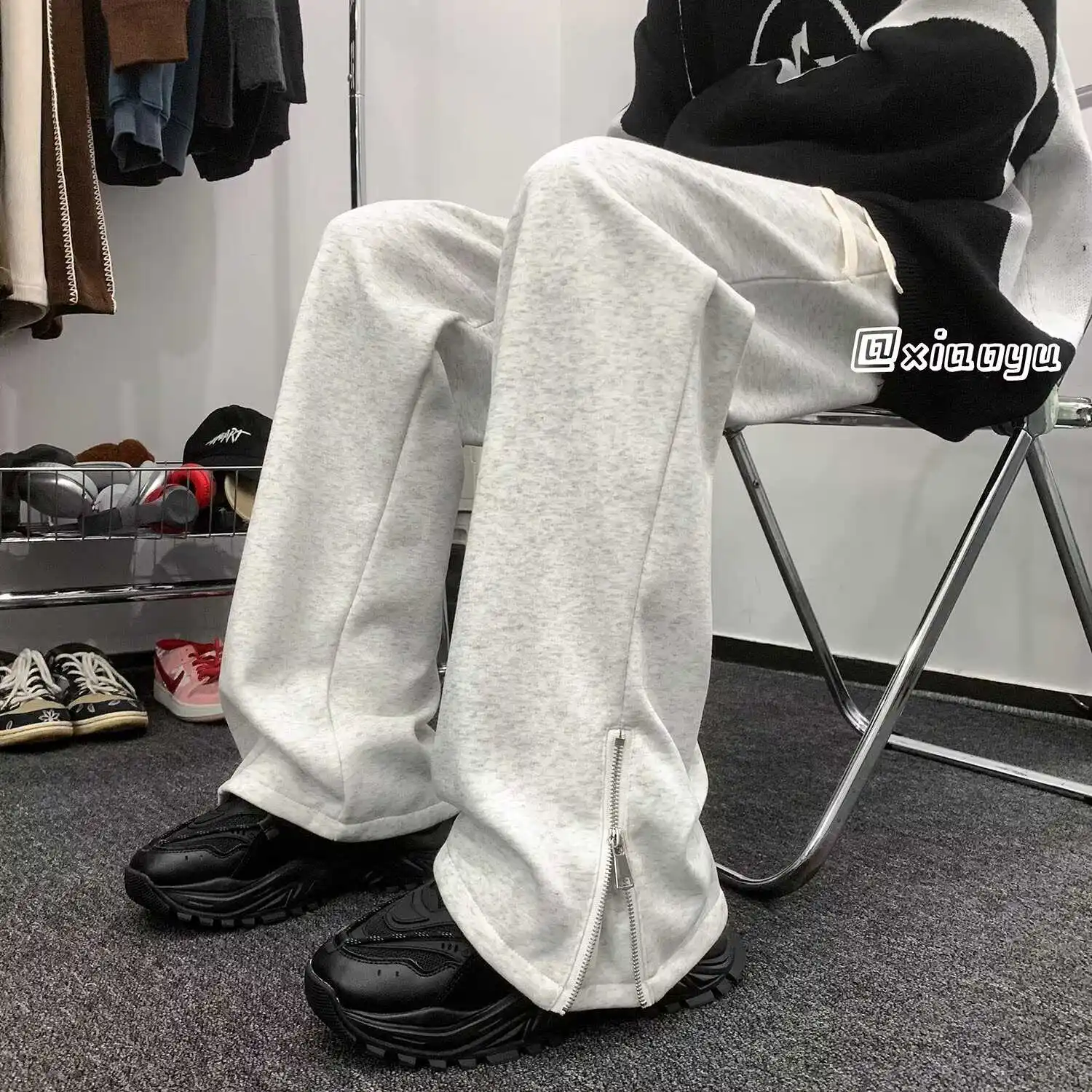 

Men's Casual Flared Straight Leg Pants High Slit Hong Kong Sle Slimming Versatile Long Trousers Comfortable Loose Fit