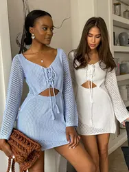 2024 Women Chic Crochet Tunic Knitted Dress Skeleton One Shoulder Wrap Chest Ladies Long Sleeve Slim Knit Mini Dresses A3096