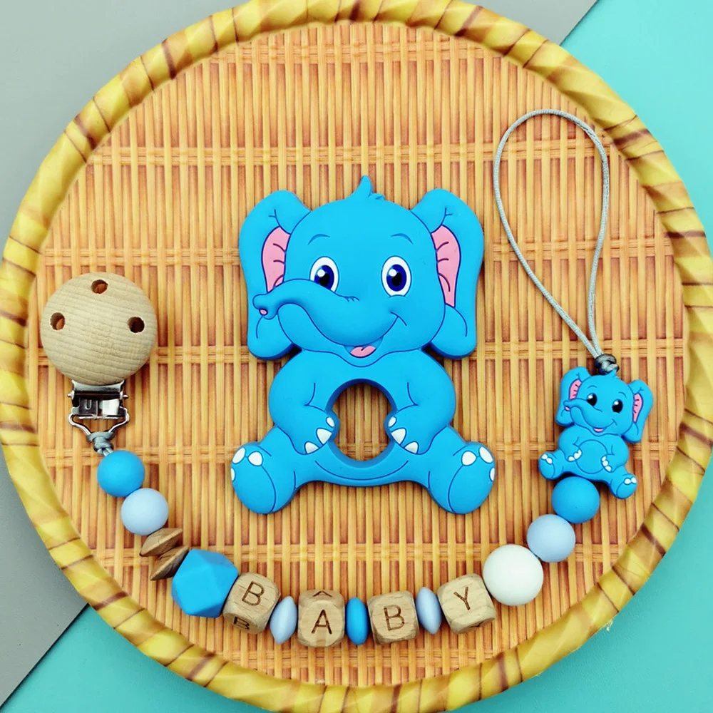 Custom Letter Names Elephant Pacifier Clip Chain Teether Pendants for Baby Infant Chew Leash Nipple Holder Teether Creative Gift