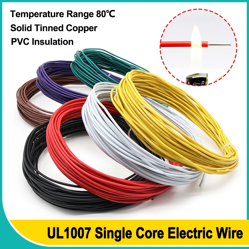 

2~50m UL1007 Single Core Wire 26 24 22 20 18 16 14AWG PVC Insulated Solid Tinned Copper LED Line DIY Equipment Electronic Cable