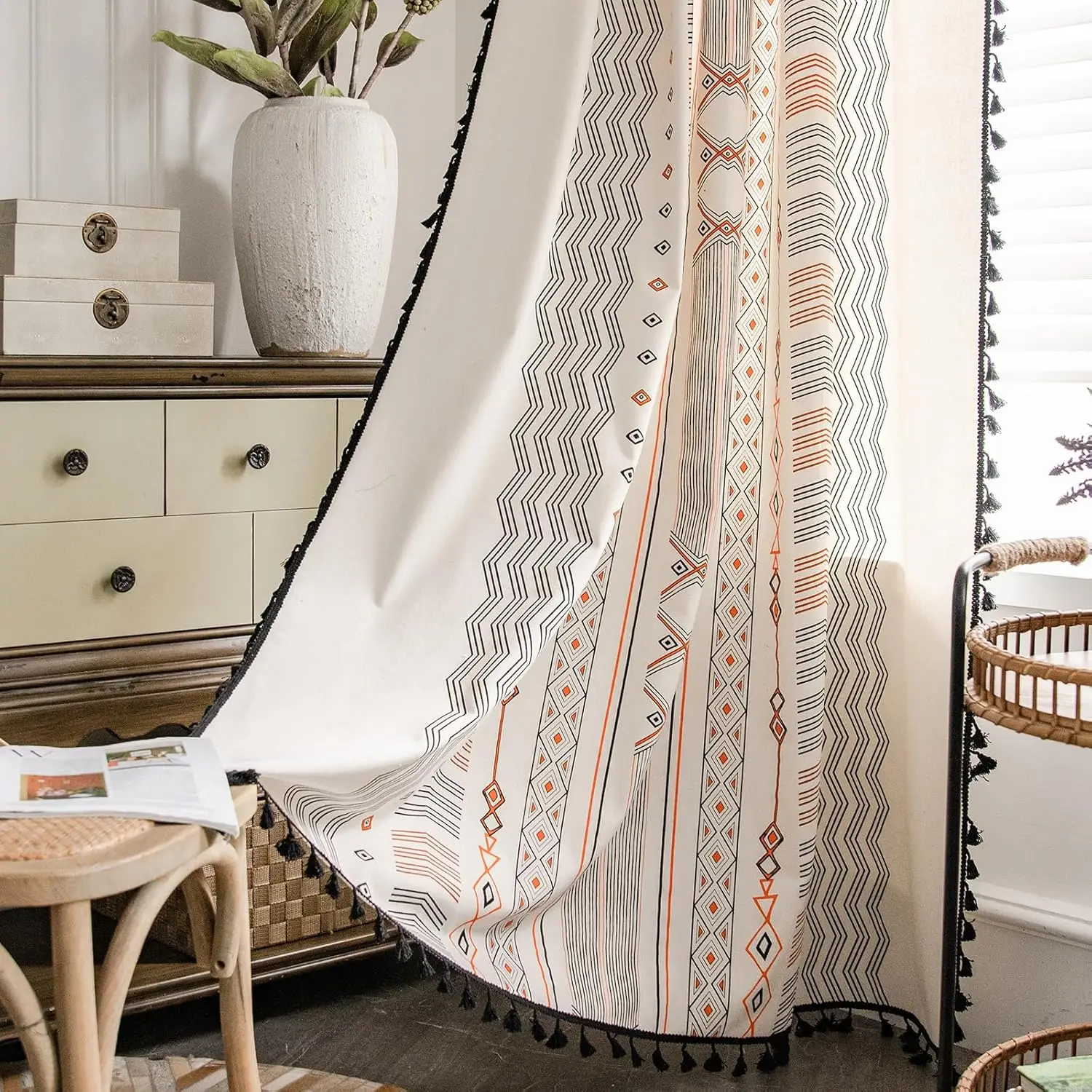 

Boho Curtains 2 Panels 84 Inches Length Orange Patterned Window Treatment Striped Geometric Aztec Western Curtain & Drap
