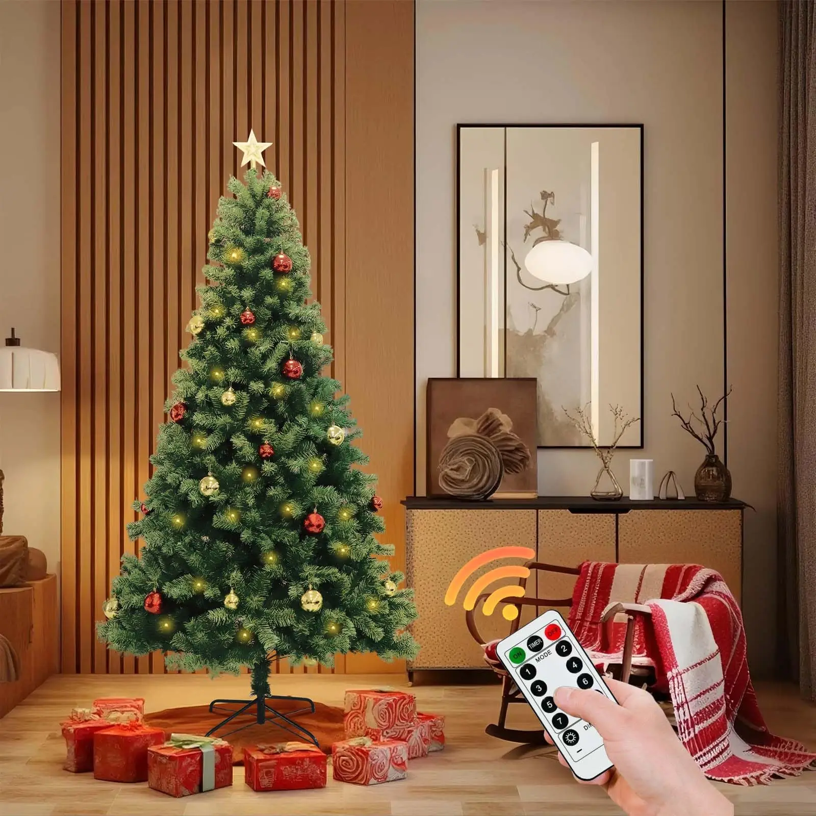 

Artificial Christmas Tree with Remote Control Green Holiday Tree for Living Room Office Party Decoration, Premium Hinged Artific