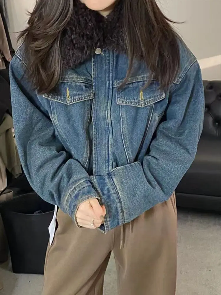 

Джинсовые пальто для женщин, длинные меховые плюшевые женские осенние свободные пальто для милых девочек, дышащие пальто для классной комнаты, регулируемые куртки