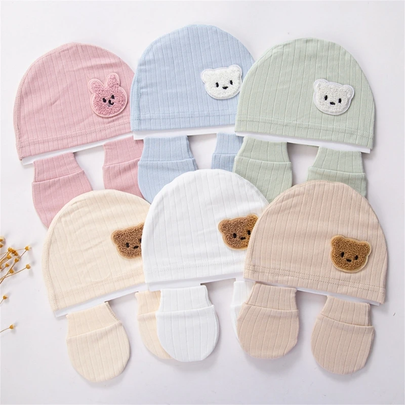 Baby Hat & Gloves Set Turban Hat Windproof Spring Fall Bonnet Newborns Fetal Caps with Matching Gloves for Boys Girls