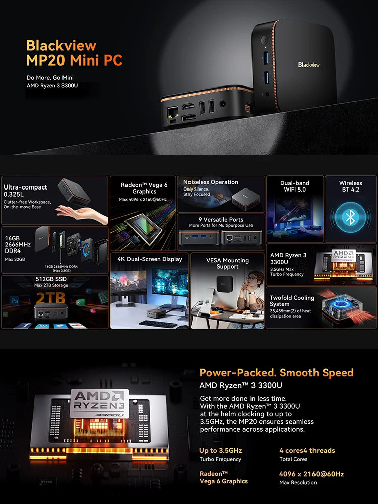 Blackview MP20 Mini PC 16GB 2666MHz DDR4 512GB SSD AMD Ryzen 3 3300U Prozessor Bis zu 3.5GHz 4K Windows 11 Pro Mini-Computer für Büro und Zuhause – Detail 2