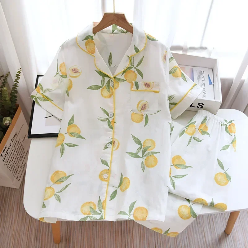 2026 Japanese style simple short women female 100% cotton gauze short sleeve trousers ladies pajamas suit cute pajamas sets home