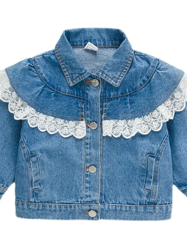 

Girls' Ruffle Denim Jaet Children's Faionable Autumn Wear Embroidered Detail Cool Feeling ort Outerwear for Kids