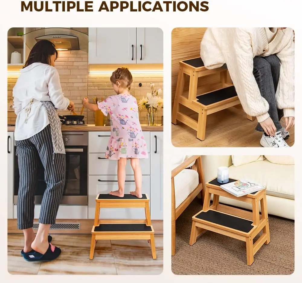 Wood Step Stool, 17' Tall Two-Step Design for Adults & Kids, Heavy-Duty 500 lbs Capacity with Non-Slip Steps, Ideal for