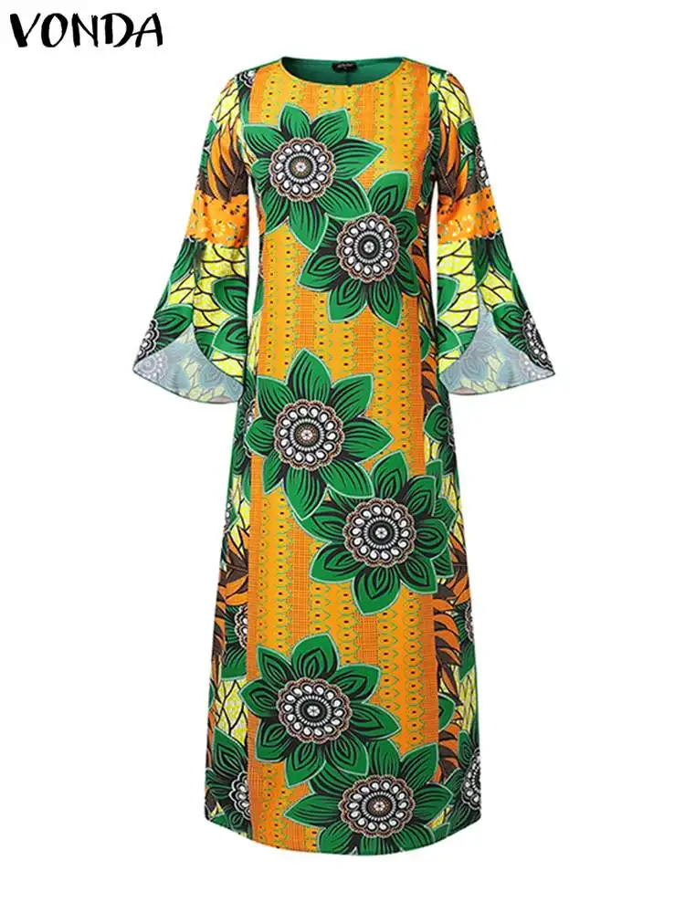 VONDA-Robe longue d'été bohème pour femme, robe maxi vintage, imprimé floral, manches évasées, décontracté, été, éducatif, printemps, automne, 2024