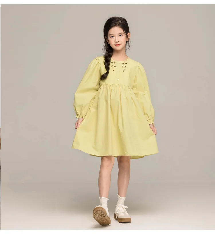 الكورية الخريف الاطفال الفتيات فستان الأميرة جديد التطريز الجولة الرقبة طفل الفتيات فستان طويل الأكمام الأطفال الفتيات فستان من قطعة واحدة