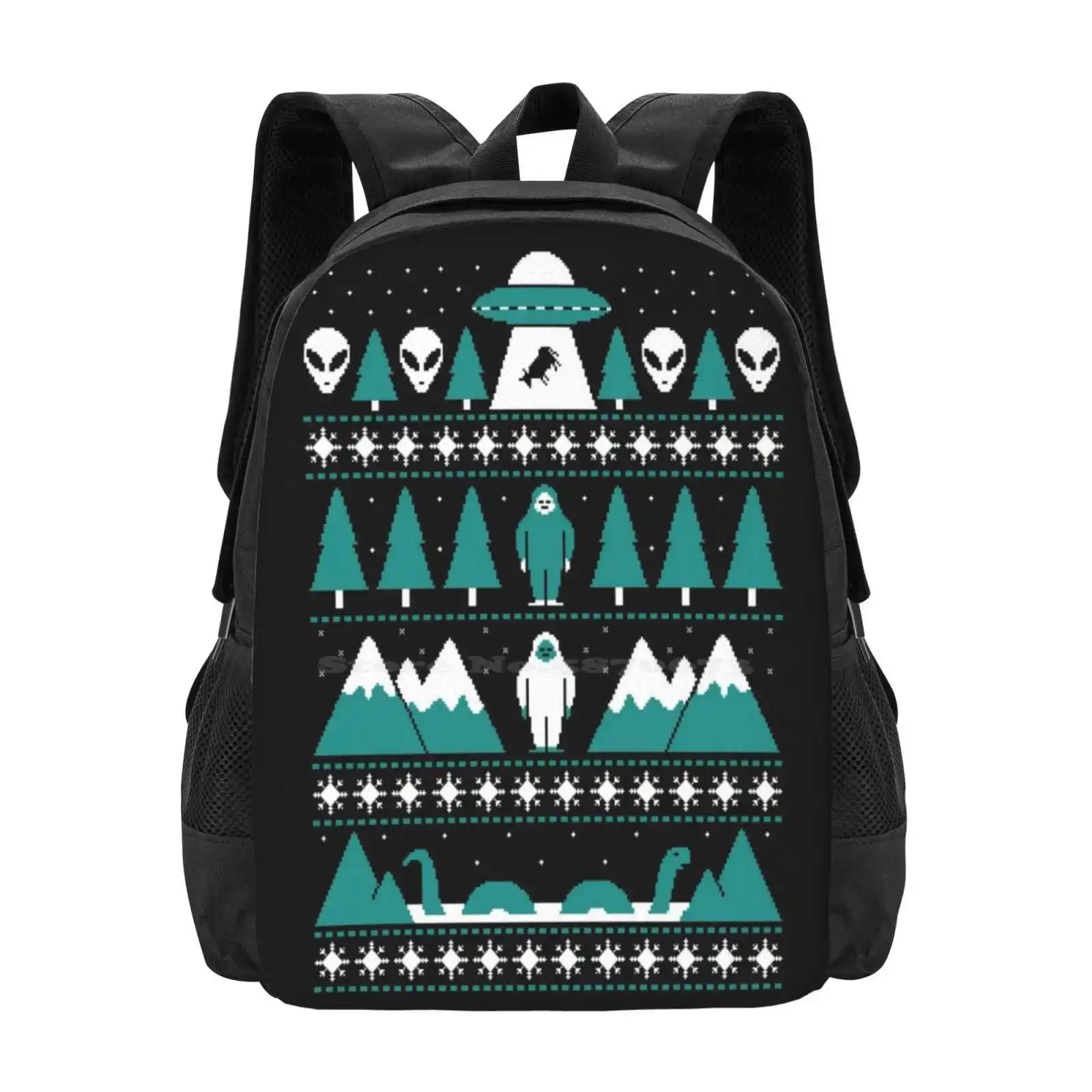 Paranormal Christmas Sweater School Bags Travel Laptop Backpack Ugly Christmas Ufo Alien Bigfoot Spaceship Handsoffmydinosaur