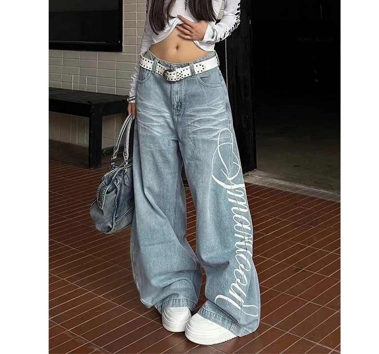 

Осенние женские мешковатые синие джинсы в стиле бойфренда, джинсовые брюки, винтажные джинсовые брюки с вышивкой в стиле Харадзюку