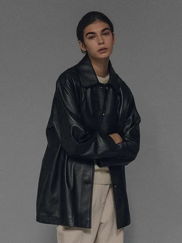 Fashionable Pure Color Flip-Collar Leather Jacket Women's Autumn Winter New Style Versatile Mid-Length Jacket Coat