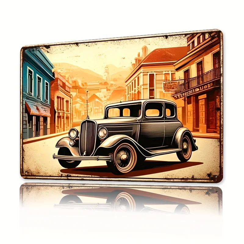 

Vintage Metal Tin Sign - 8x12 Inch Retro Wall Art with Classic Black Car & City Street Scene