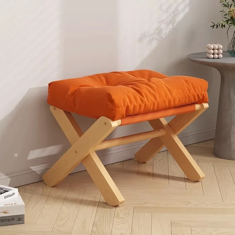 Foldable Wooden Footstool Living Room Low Stool with Soft Cushion Portable Dresser Chair Folding Wooden Stool for Home