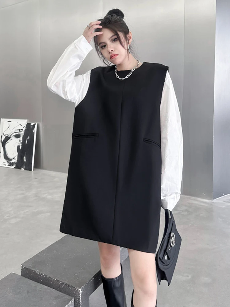 [EAM] Women Black Color-block Pocket Big Size Mini Dress New Round Neck Long Sleeve Fashion Tide Spring Autumn 2024 1DH4589