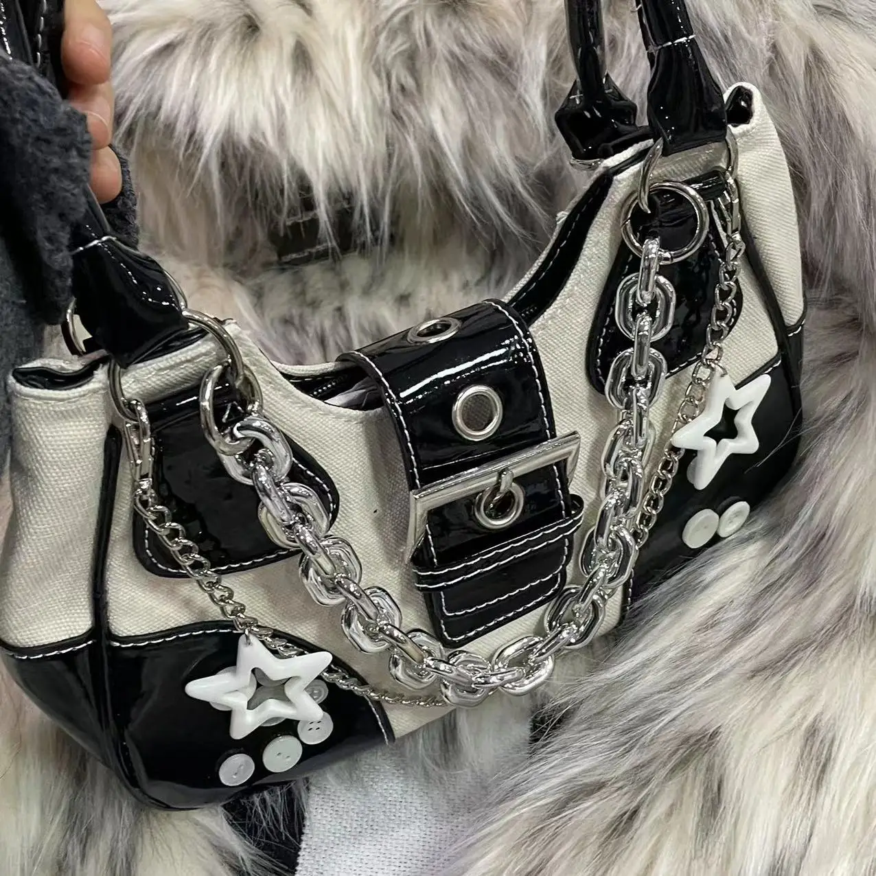 Women Bag New Fashion PU Canvas Chains Shoulder Bag Handbag Y2K Dark Style Girls Bag Office Lady