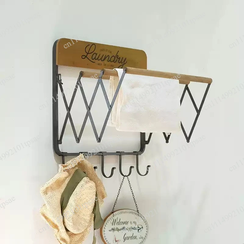 Laundry rack, extendable wall rack, 3 rods and 5 hooks
